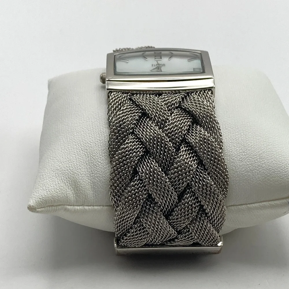 Chico's Women's Watch 32mm Wide Silver Tone MOP Braided Mesh New Battery 7.5